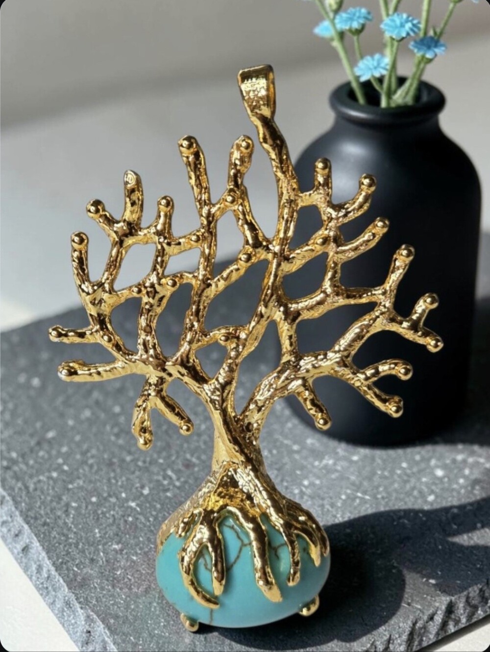 Exquisite 18k Gold Plated Tree Of Life Serenity Root Genuine Turquoise Pendant